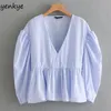 Women Folded Ruffle Blouse Sexy V Neck Puff Sleeve Blue Shirt Peplum Summer Crop Top Blusas XNGC9206