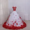 Vestido de fiesta de quinceañera de dos piezas, vestidos de noche de graduación, flores florales en 3D, apliques de encaje, cuello transparente, espalda hueca, rojo y blanco Designe7567706
