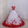 Two Pieces Quinceanera Ball Gown Prom Evening Dresses 3D Floral Flowers Applique Lace Sheer Neck Hollow Back Red And White Designe6352018