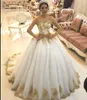 Unique Bling Gold Applique Lace Ball Gown Wedding Dresses Sweetheart Poet Long Sleeve Draped Ball Gowns Bridal Dress Plus Size South African