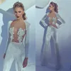 2019 Fashion Illusion Jumpsuits Prom Klänningar Sheer Jewel Neck Velvet Långärmade Pant Suits Party Wear Gorgeous Evening Gowns