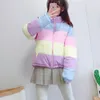 Fashion-Rainbow Colorful Cotton Padded Parkas Women Autumn Winter Detachable Hat Coat Macaron Pastel Panel Puffer Jacket CoatsMX190822