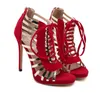 Hot Sale-Newest red black gold strap patchwork lace up high heel sandals wedding shoes size 35 to 40