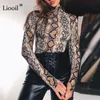 Liooil Sexy Snake Print Top Damen Shirts Langarm Rollkragen Schlangenhaut Hemd Figurbetonte Bluse Party Damen Tops und Blusen