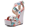 15cm Sexy Floral Printed Cross Strappy Platform Wedge Hoge Hakken Designer Sandals Maat 35 tot 40