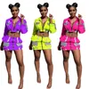 2019 Neon Color Two Piece Skirt Set Kvinnor Fickor Zipper Långärmad Crop Top och Mini Skirts Suit Sexy 2 Piece Outfits Clubwear