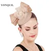 Gorgeous champagne female hats fascinators with floral nice millinery women event wedding bow fascinator headbands accessories