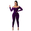 Vinter sammet kvinnor jumpsuit spets upp midja fickor långa ärmar slash neck rompers sexiga party jumpsuits plus storlek bodysuit