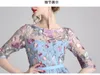 Nouveau design femmes o-cou demi manches gaze broderie fleurs mignon doux style princesse taille haute midi longue robe vestidos