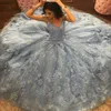 Bahama Blue Floral Lace Sweet 16 Kleider Ballkleider Ballkleid Schulterfrei Spitze Perlen Handgemachte Blumen Quinceanera Kleid Sweet 15 Mädchen