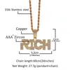 Iced Out Diamond Letter RICH Pendant Necklace with 4mm Tennis Chain Full Zircon Mens Hip Hop Jewelry Gift
