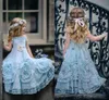 2020 Halter pescoço bebê azul flor menina vestidos para qua ocasião especial rebuffled comprimento de piso de renda comunhão vestidos para criança