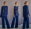 Geweldige koninklijke blauwe moeder van de bruidegom broek pak drie stuks pailletten kant chiffon met jas lange avond formele jurken goedkoop
