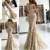 Champagne Mermaid 2019 Prom Dresses With 1/2 Half Sleeves Lace Applique Sweep Train Scoop Neck Plus Size Formal Evening Wear Party Gowns