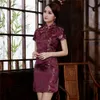 도매 우아한 여성 샴페인 qipao 클래식 손으로 만든 버튼 만다린 칼라 cheongsam 섹시한 슬림 높은 슬릿 vestidosshort 소매 드레스