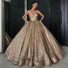 Lange goldene Spitze Arabische Ballkleider 2019 Puffy Elegantes Ballkleid Glitzer Schatz Abendkleider Libanon Design Damen Abendkleider