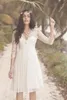 2020 Summer Beach Short Lace Chiffon Ivory Sheer V Neck Illusion 3/4 Long Sleeve Vintage Knee Length Bridal Gowns Prom Dress