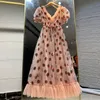 Women Sequin Strawberry Maxi Dress Summer Embroidery Mesh Lace Up High Waist Long Dress