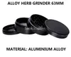 Toppkvalitet 63mm Stor kvarn Aluminium Rymdfodral Rökning Tillbehör Slipning Cigarettdetektor Rök tobaksvarmens passform Dry Herb