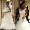 Schöne Spitze afrikanische Perlen Brautkleider abgestufte Meerjungfrau Land Vestido de Novia weißes Brautkleid Plus Größe ärmelloses Brautkleid