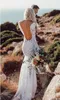 저렴한 2019 Boho Long Sleeves V Neck Lace Bridal Wedding Gowns Sexy Open Bac