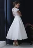 Vestidos de novia cortos vintage de té con mangas de gorra de encaje Satin Falda Jewel A-Line 1950s 60S Vintage Informal Bridal Gowns manga 2860