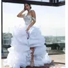 Designer Split High Low Ruffle Wedding Dresses Off the Shoulder Organza Tiers Beach Bridal Dress Plus Size vestido de noiva Wedding Gowns
