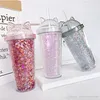 Cat Ear Flashing Double Layer Cup Cute Cartoon Creative Plastic Cups Tumbler Sequin Juice Wine Bottle With Straw Gift Cup 3 Colors BH2242 CY