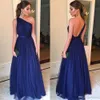 New Sexy One Shoulder Prom Dresses Backless Tulle Sweep Train Long Simple Navy Blue A Line Evening Gowns With Belt Vestidos De Festa