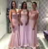 2020 저렴한 섹시한 핑크 시폰 신부 들러리 드레스 같은 색상 다른 스타일 로브 드 Soiree Bling 파티 댄스 파티 드레스 신부 들러리 선물