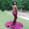 Sexy Backless Mermaid Evening Dresses Sweep Train Elastic Satin Ruched Black Girls African Plus Size Prom Party Gowns Custom Made 403 403