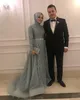 2019 Aso Ebi Arabische muslimische Spitze Perlen Abendkleider Lange Ärmel A-Linie Ballkleider Tüll Formelle Party Zweiter Empfang Brides1997