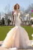 Naama Anat Champagne Mermaid Wedding Dresses Deep V Neck Illusion Back Appliques Beads Lace Sweep Train Wedding Dress Bridal Gowns