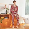 2019 Men Pajamas Sets With Pants Flower Print Nightwear Pyjama Satin Sleepwear Silk Loose Two Piece Long Sleeve Pijama