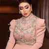 Muslim Arabic Formal Aftonklänningar Jumpsuit Långärmad Silver Rhinestones High Neck Prom Special Occasion Dress Women Party Dress Plus