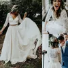 Abiti da sposa Boho da spiaggia a due pezzi Abiti da sposa 2021 Pizzo morbido tulle chiffon Bohemian Country Plus Size Abito da sposa lungo A Line Mezza manica