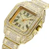 Hip Hop Iced Out Men Watch Square Diamond Quartz Mens Wrist Watches Gold Roman Calendar Steel Clock Relogio Masculino265c