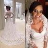 Amazing Lace A Line Wedding Dresses Sexy Deep Neckline Sheer Long Sleeves Bridal Gowns Back Covered Buttons Sweep Train Wedding Vestidos