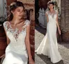 2023 Modest Soft Satin Scoop Mermaid Wedding Dresses With Lace Appliques Sheer Bridal Gowns Illusion Back robe de mariee