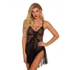 Feminino sexy macio meia-noite divisão lateral renda e malha chemise babydoll com g-string cintas de espaguete sleepwear vestido lingerie conjunto S-329N