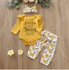 Bébé Fille Vêtements Enfants Floral Fleurs Vêtements Ensembles Ruffle Barboteuses Pantalon Bandeau Tenues INS Lettre Tournesol Combinaison Salopette Costumes C6787