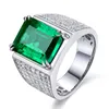 New Arrival Luxury Jewelry Big Emerald Gemstones 925 Sterling Silver Male Jewelry Pave Cubic Zircon CZ Diamond Wedding Band Ring f239P