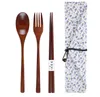 Set di stoviglie in legno naturale 3 pezzi / set Bacchette di bambù forchetta Zuppa di cucchiaino Set di posate da catering con borsa di stoffa Set di stoviglie portatiliSN3292