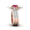 3 pezzi set squisito oro rosa 18 carati con rubino fiore anello anniversario proposta gioielli donne fidanzamento fede nuziale anello set compleanno par1624873