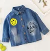 Camicette di jeans a maniche lunghe per ragazze dei ragazzi Camicette Moda Bambini Bambino Primavera Autunno Bottoni in cotone Cartone animato Sorriso Abbigliamento 1Y-5Y blu