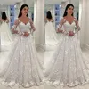 Sexiga Kvinnor Bröllopsklänning Vit Snörning Lång Klänning Djup V-Neck Long Mesh Lace Sleeve A-Line Pläterade Golvlängd Klänningar