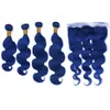 Trame di capelli umani brasiliani dell'onda del corpo blu scuro e frontale 5 pezzi Lotto Trame di capelli vergini ondulati blu puro 4 pacchi con frontale in pizzo 13x4