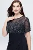 Black Sequined Plus Size Evening Dresses Sheer Jewel Neck A Line Short Sleeves Beaded Prom Gowns Floor Length Chiffon Formal Dress