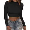 الأكمام الطويلة العارية midriff top t قمصان صلبة ألوان جولة محصول الرقبة أعلى tird أزياء النساء ملابس أسود أبيض إسقاط سفينة 220225