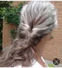 Silver Grey Human Hair Pony Tail Hairpiece Wrap Around Wet Vågig Vit Grå Salt Och Peppar Grå Hår Ponytail